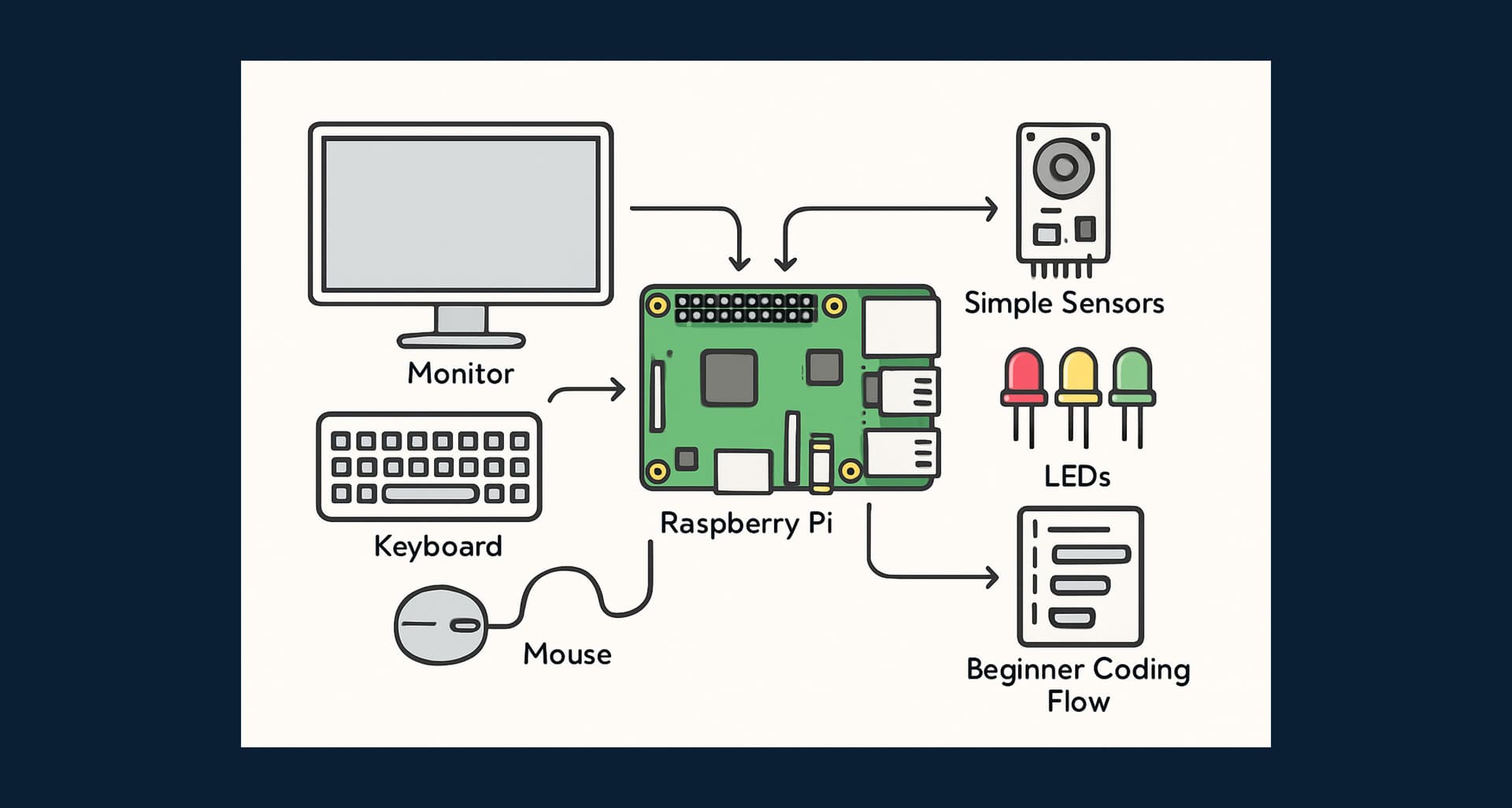 Technical diagram of a Raspberry Pi connected to kid-friendly coding and electronics components.