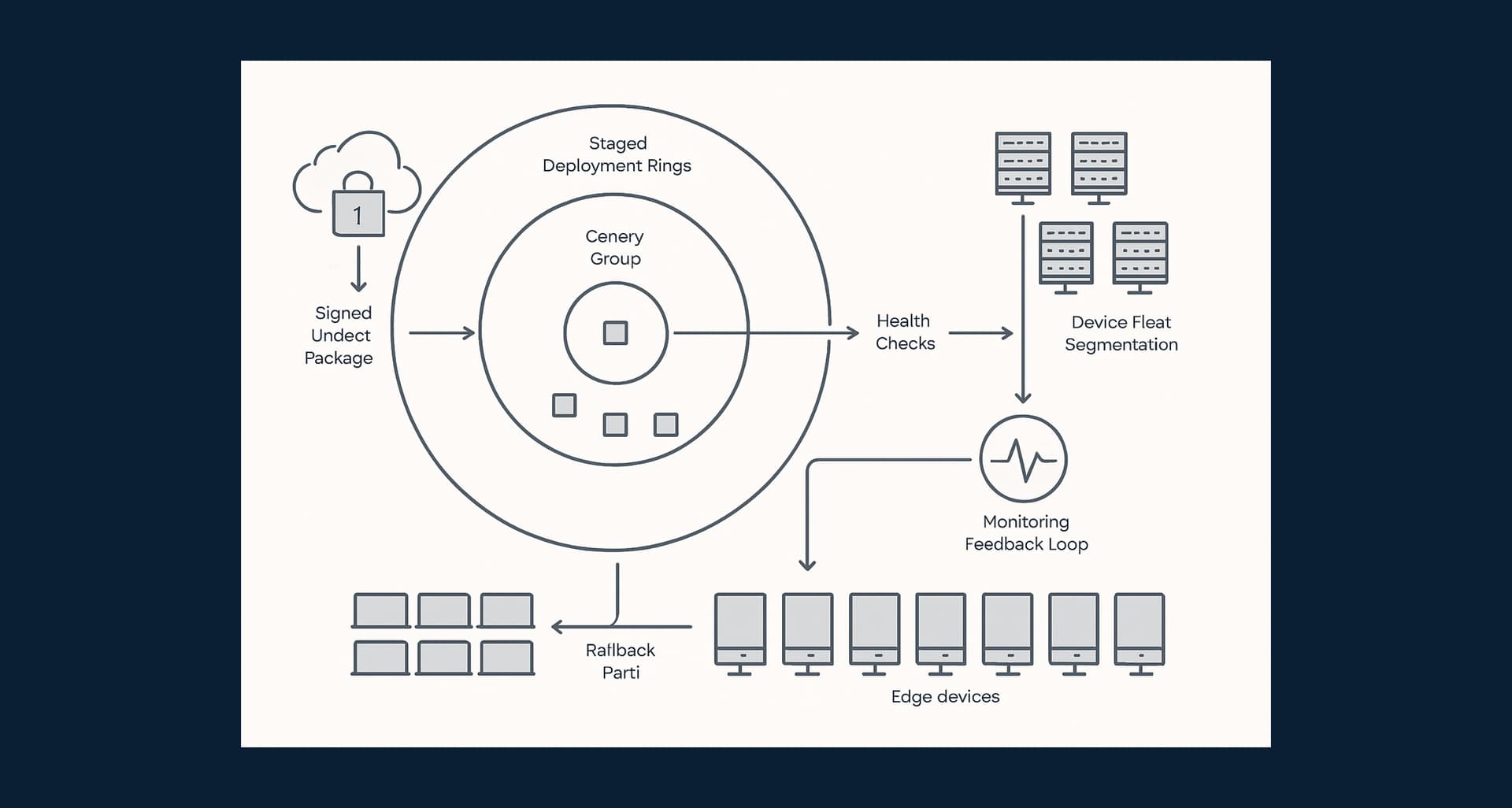 Technical diagram showing staged OTA rollout rings, health checks, monitoring, and rollback paths across an edge device fleet.